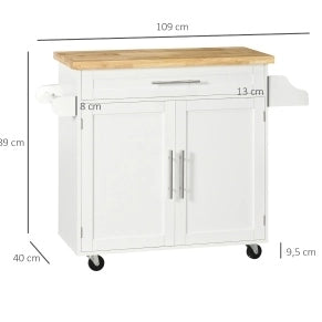 Carrello da cucina 109x40x89 cm con piano di lavoro; porta-spezie e portasciugamani in MDF bianco