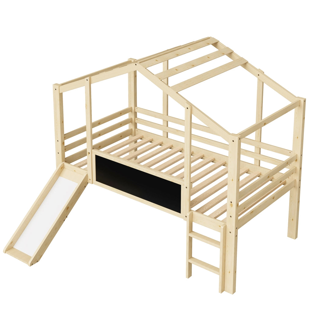Letto a soppalco per bambini 90x200 cm in legno massello con scivolo e lavagna