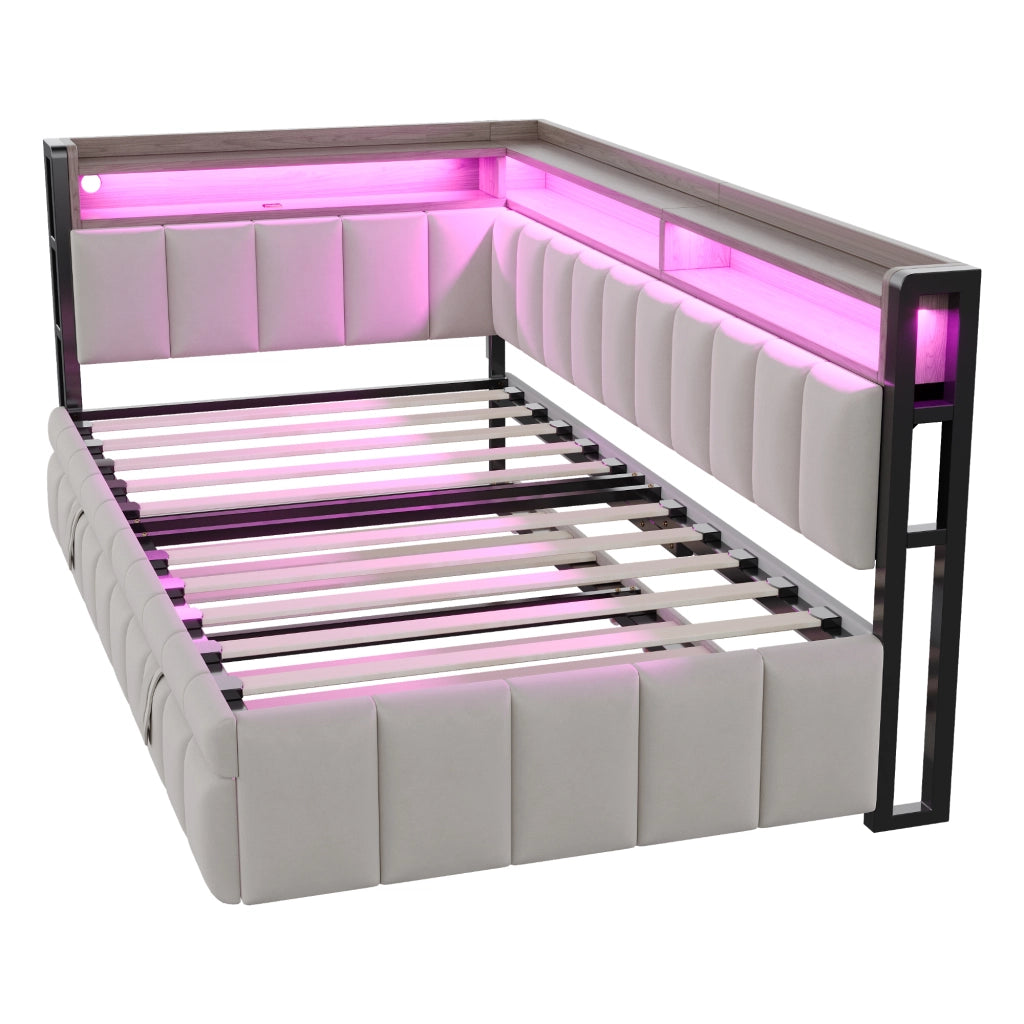 Letto estraibile singolo 90×200 cm con LED; ripiani; USB e type-C; senza materasso; tessuto; grigio