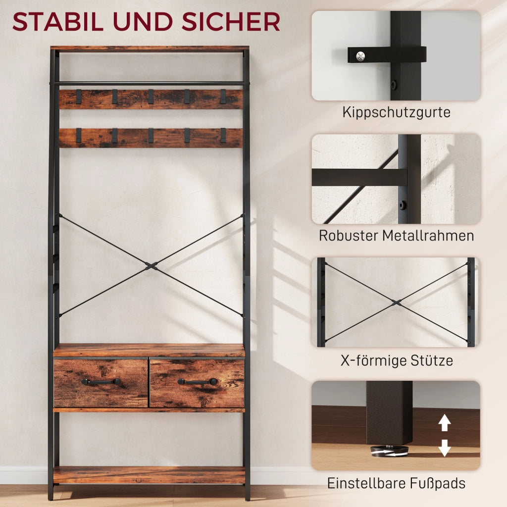 Appendiabiti con panca e scarpiera ¨C Zephmum ¨C Marrone, metallo e legno, 10 ganci, 2 cassetti in tessuto