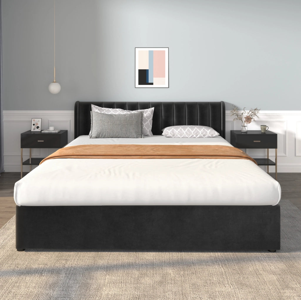 Letto matrimoniale 180x200 cm con rete a doghe e 2 cassetti; velluto nero