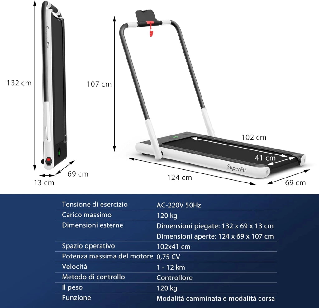 Tapis Roulant 2 in 1, Tapis Roulant Elettrico Pieghevole Salvaspazio da 0,75HP con App e Telecomando, Supporto per Cellulare, Display a LED e Altoparlante (Bianco)