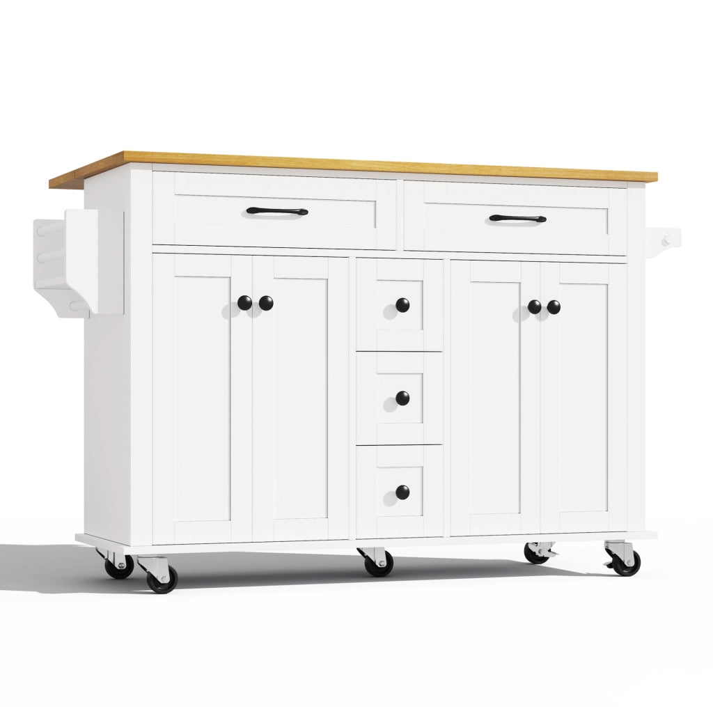 Carrello cucina 140x40(65)x89 cm con piano estraibile e 5 ruote in MDF bianco e naturale