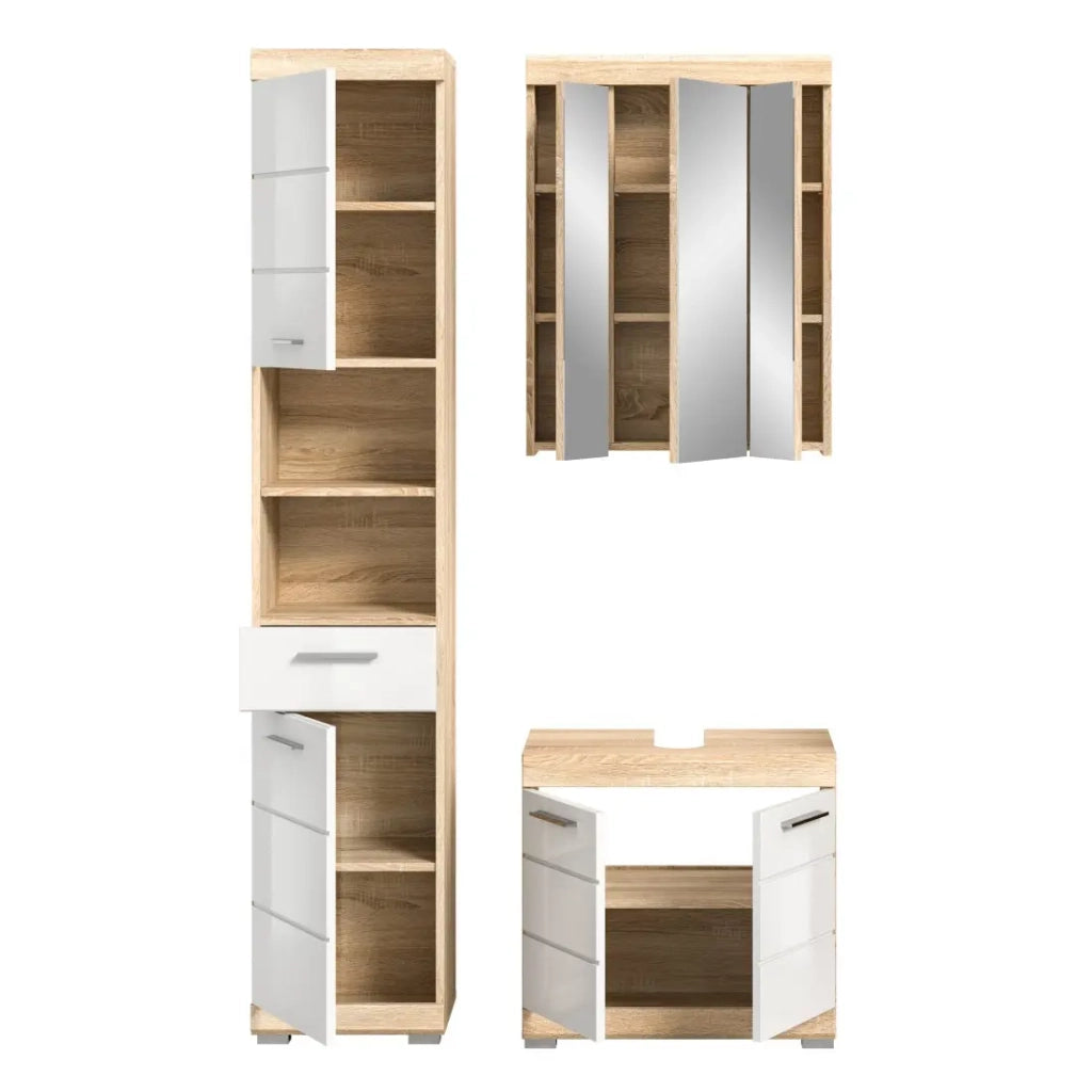 Set da bagno LEWOTO – 1 colonna, 1 mobile sotto lavabo, 1 armadietto con specchio – Bianco e rovere