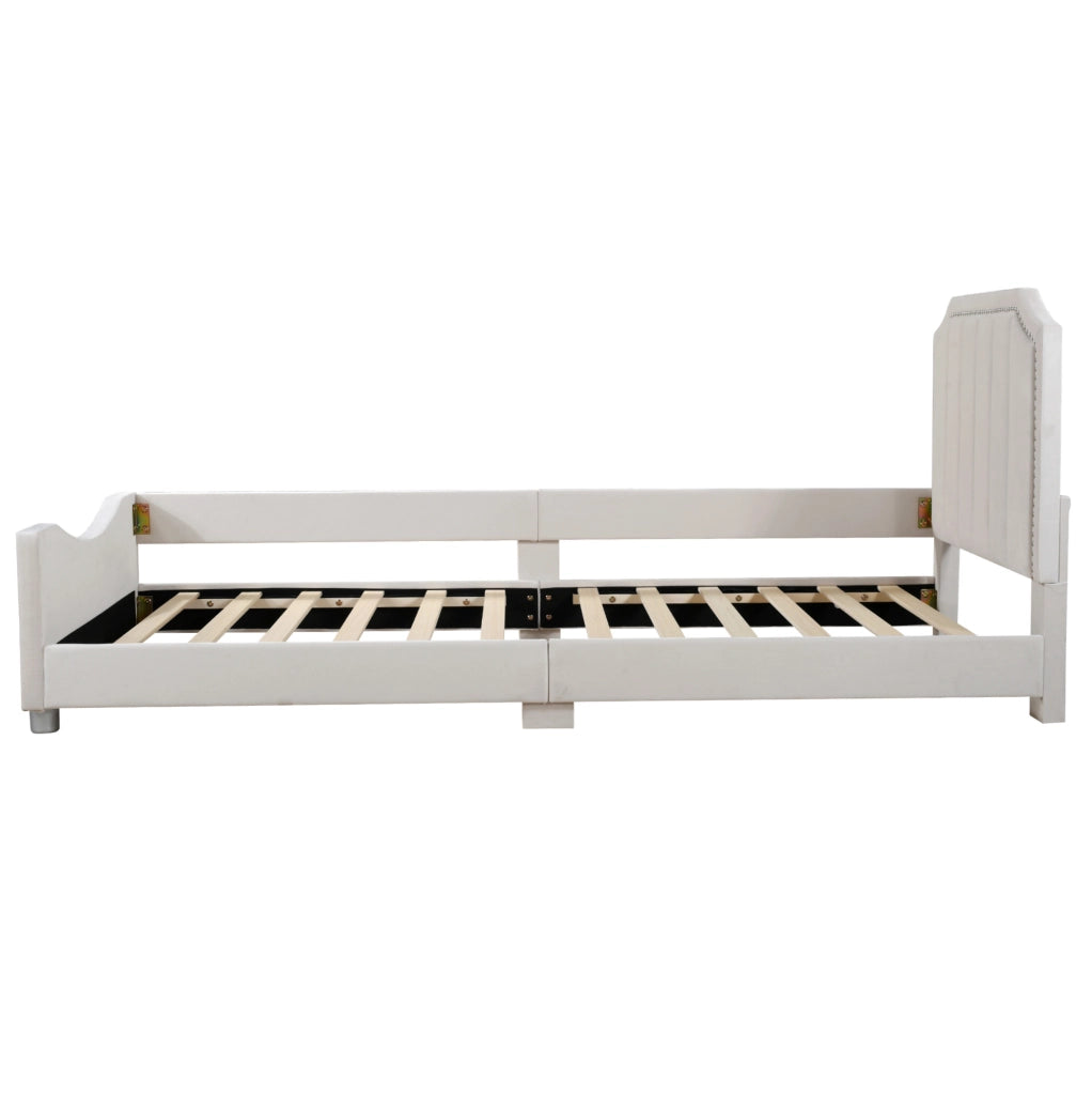 Letto imbottito per bambini beige in flanella con schienale e rete a doghe