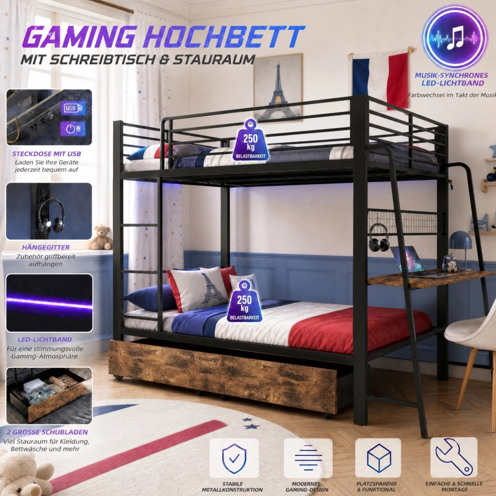 Letto a soppalco gaming 140x200 con scrivania e LED