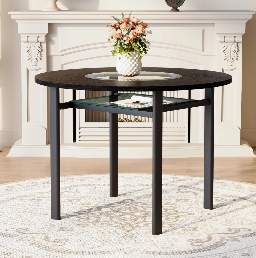 Tavolo da pranzo rotondo 100 cm in MDF nero con vetro grigio e ripiano per 2-4 persone