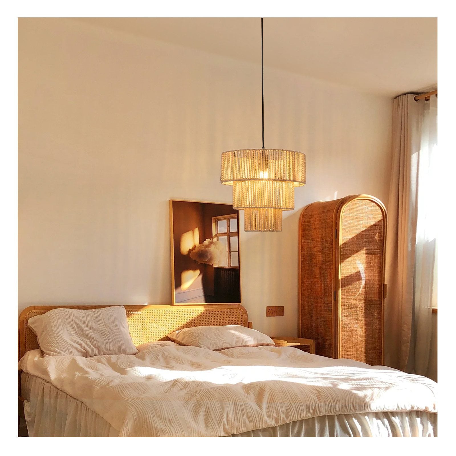 Lampada a sospensione ZMH per sala da pranzo 1 fiamma in rattan beige stile boho per bar e ristoranti