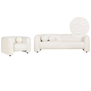 Set da salotto composto da divano e poltrona in bouclè bianco 4 posti con cuscini aggiuntivi stile glamour retrò soggiorno