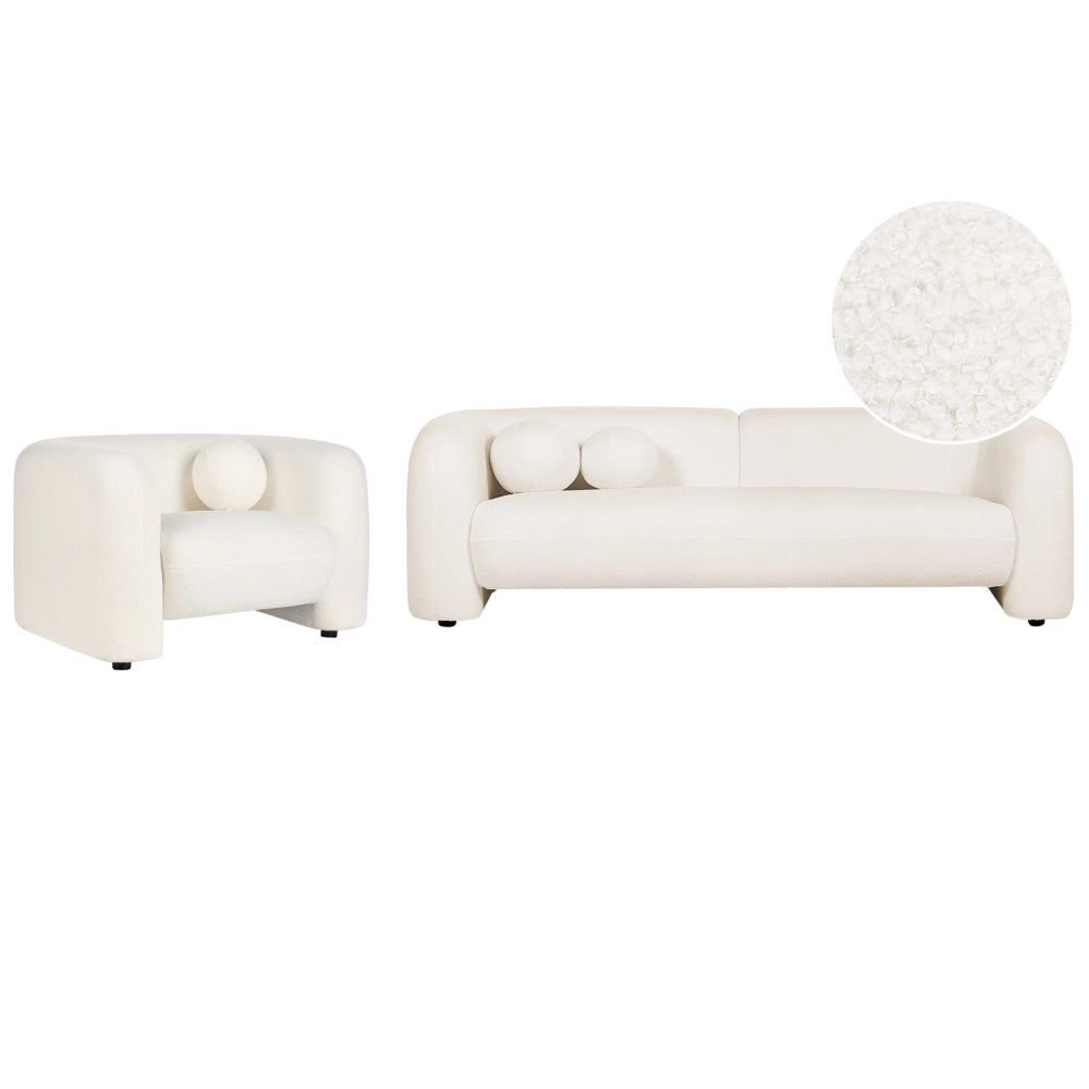 Set da salotto composto da divano e poltrona in bouclè bianco 4 posti con cuscini aggiuntivi stile glamour retrò soggiorno