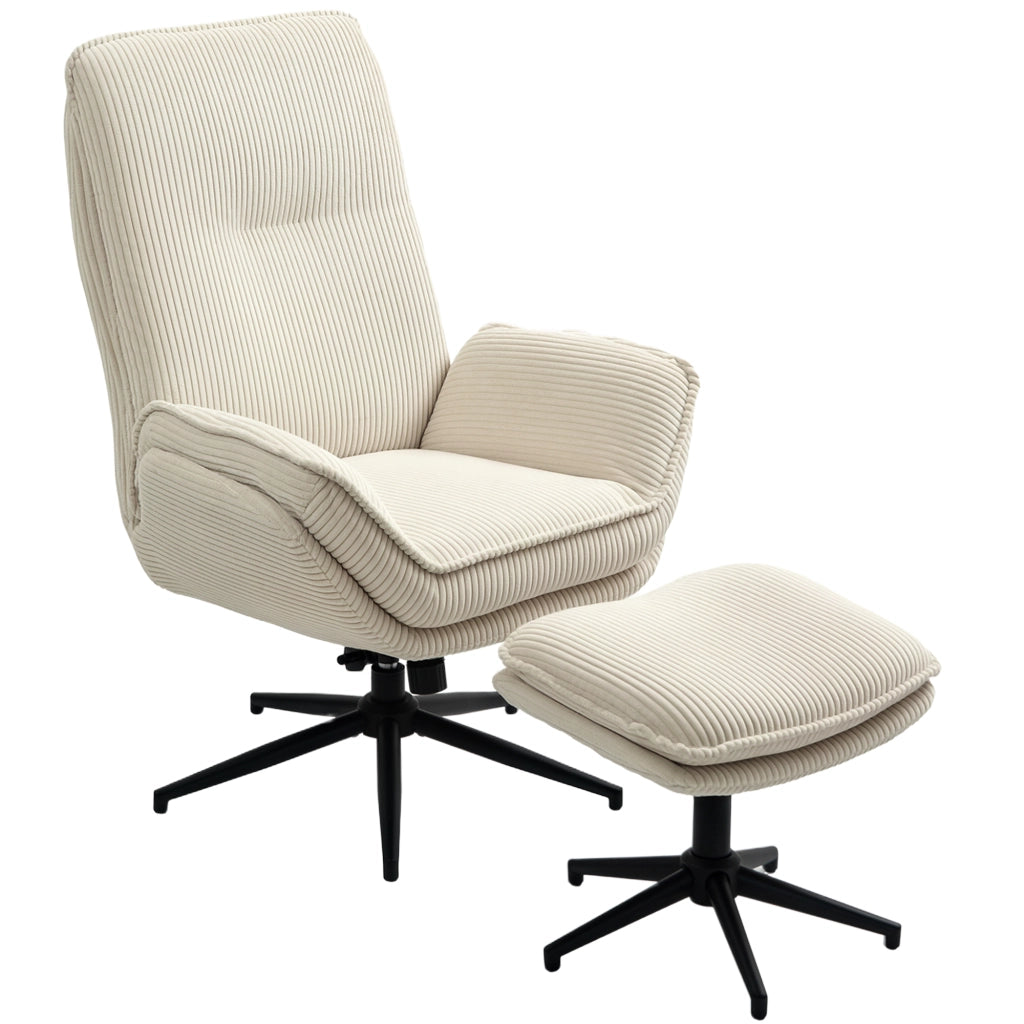 Poltrona relax girevole a 360° con poggiapiedi, schienale reclinabile fino a 130°, in corda beige