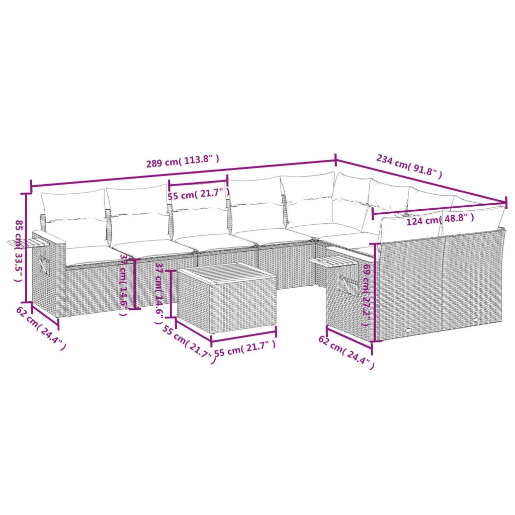 Set Divano da Giardino 10 pz con Cuscini Beige in Polyrattan