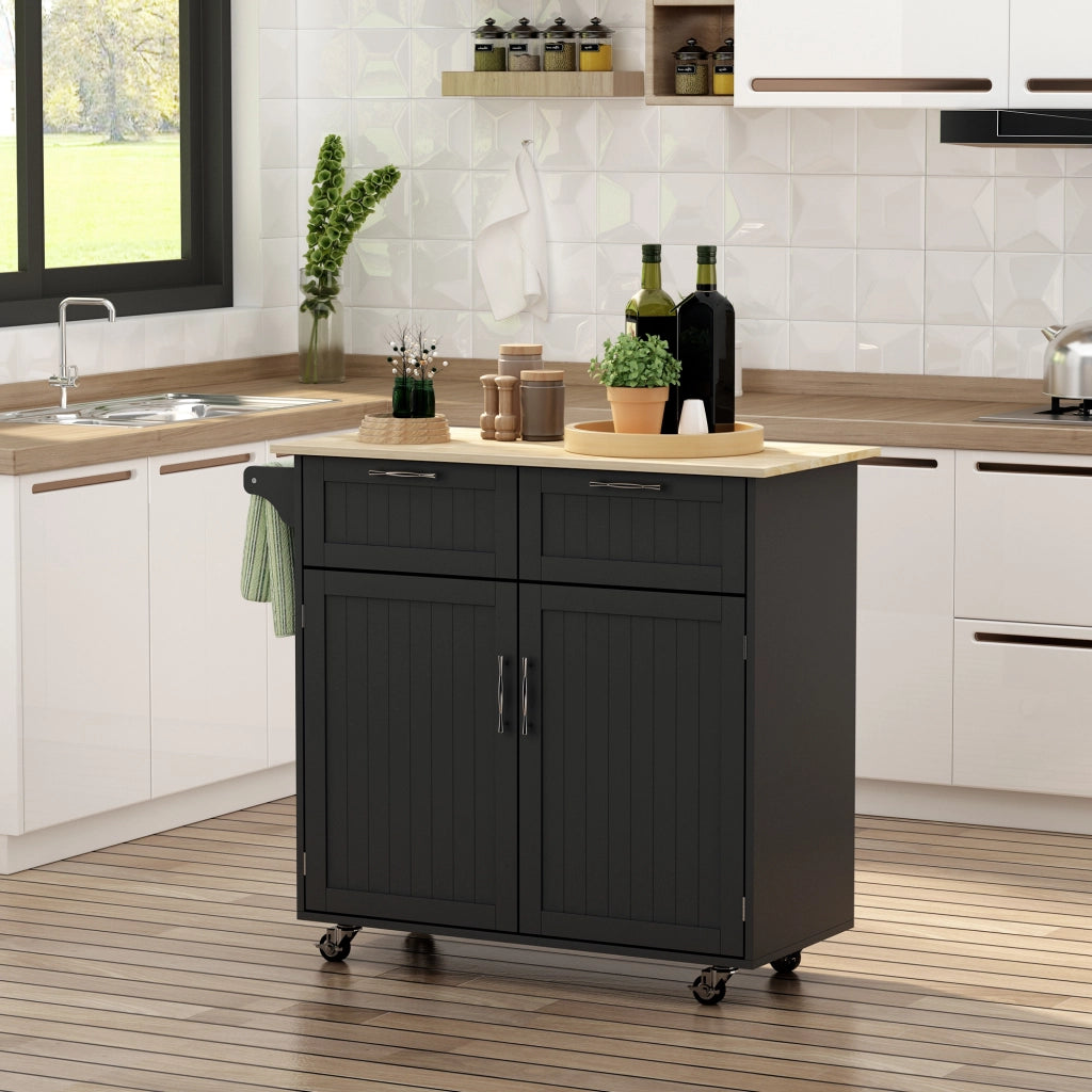 Carrello da Cucina Multiuso in Legno con 2 Cassetti, Armadietto e 4 Ruote, 104x46x91cm, Nero