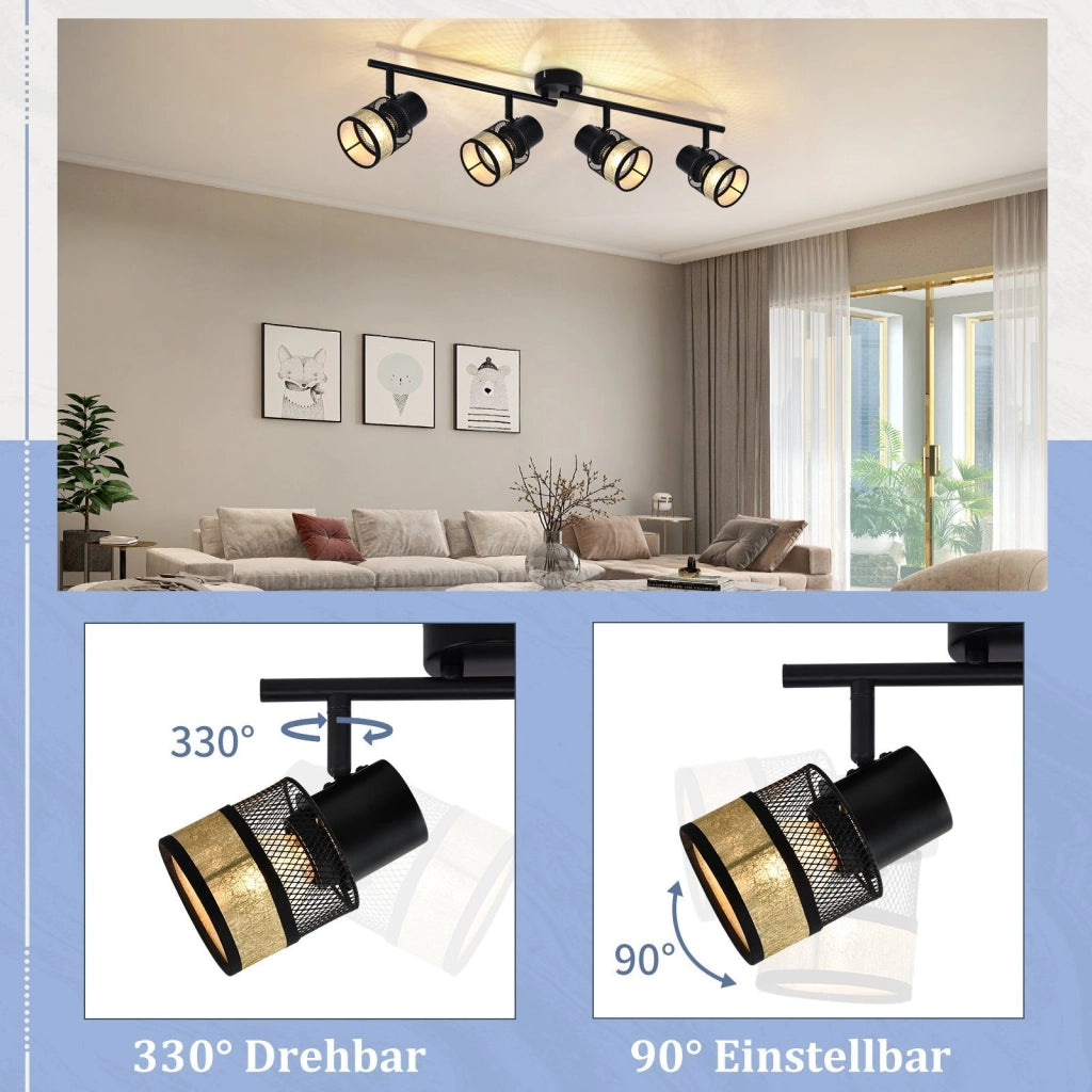 ZMH Lampada da soffitto plafoniera metallo E27 max 25W nero retrò orientabile 330° per soggiorno