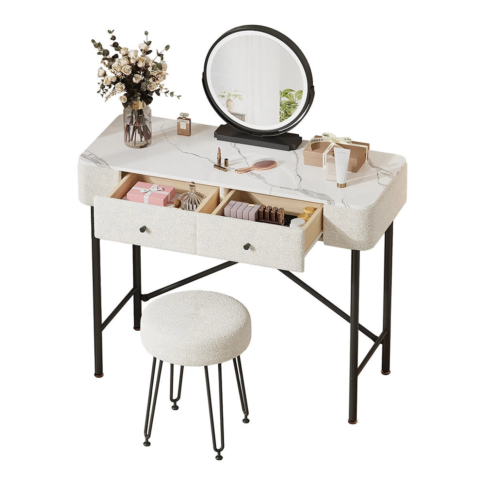 Toilette con illuminazione e sgabello - Xylo - Specchio LED, 2 cassetti, piano marmo, moderno, decor polare, nero e bianco, 100x40x120cm