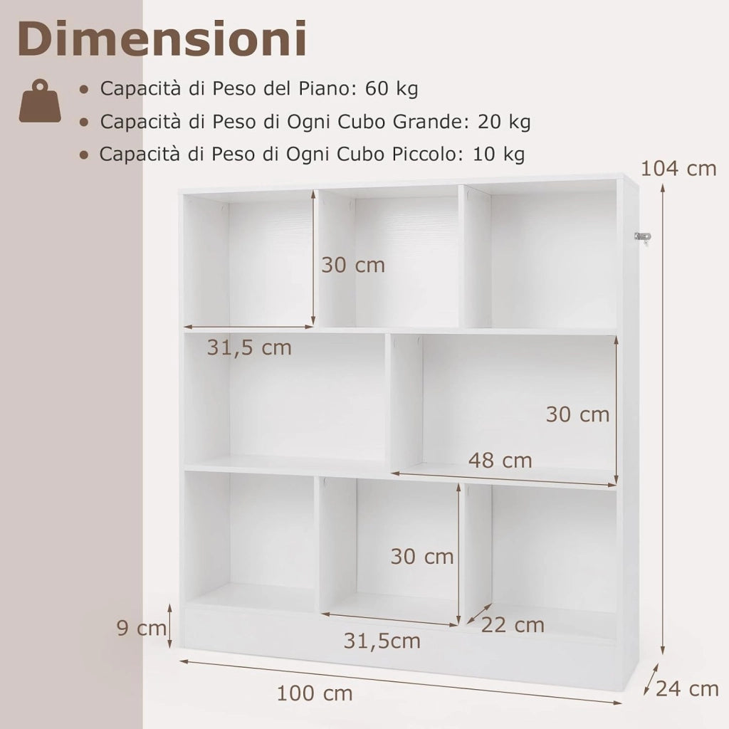 Libreria a 8 Cubi, Organizzatore di Stoccaggio a 3 Ripiani con 2 Kit Anti-Ribaltamento, Scaffale Multiuso in Legno per Soggiorno, Ufficio Stanza Bambini, 100x24x104 cm (Bianco)
