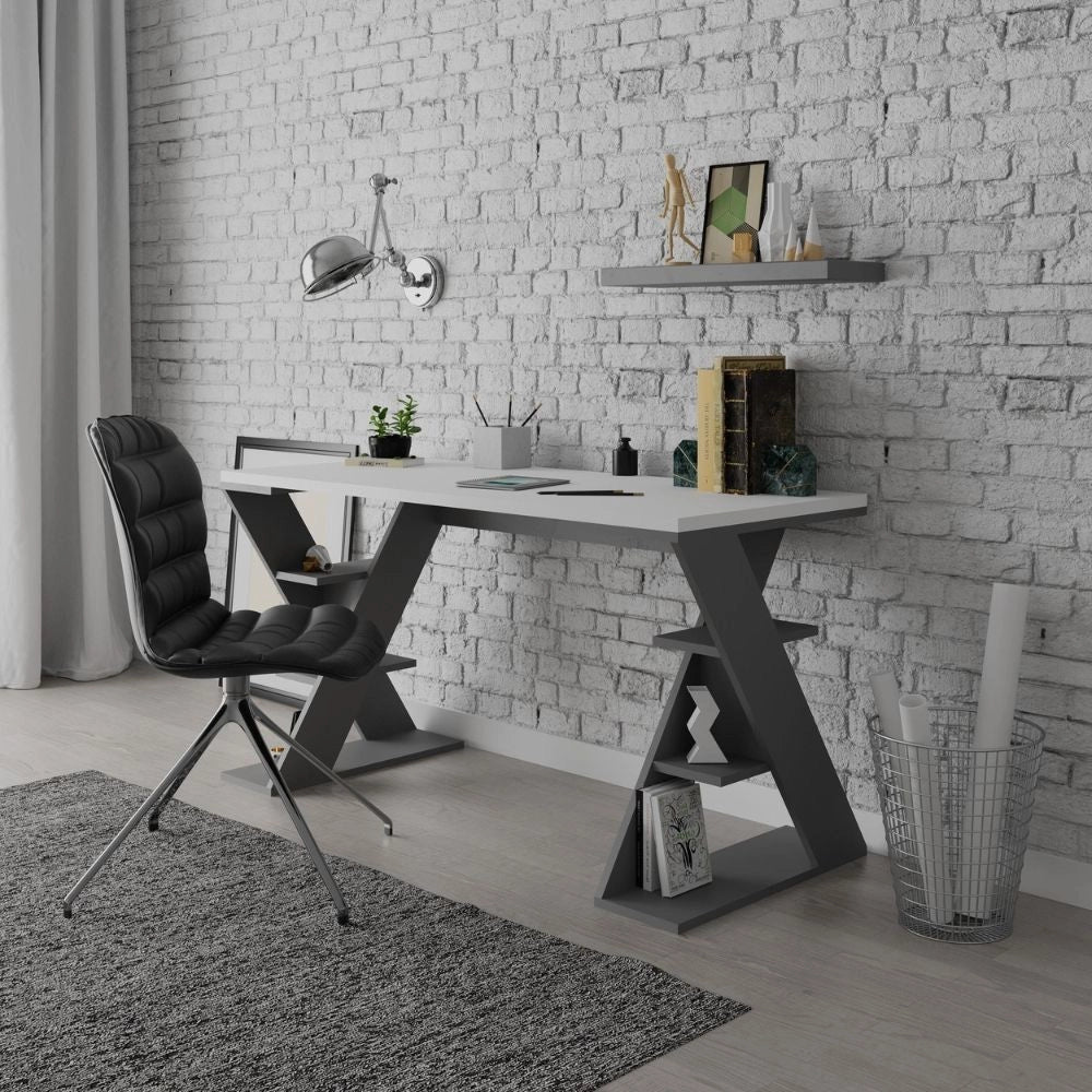 Scrivania Papillon bianca e antracite con gambe a X e ripiani integrati 137x60x75