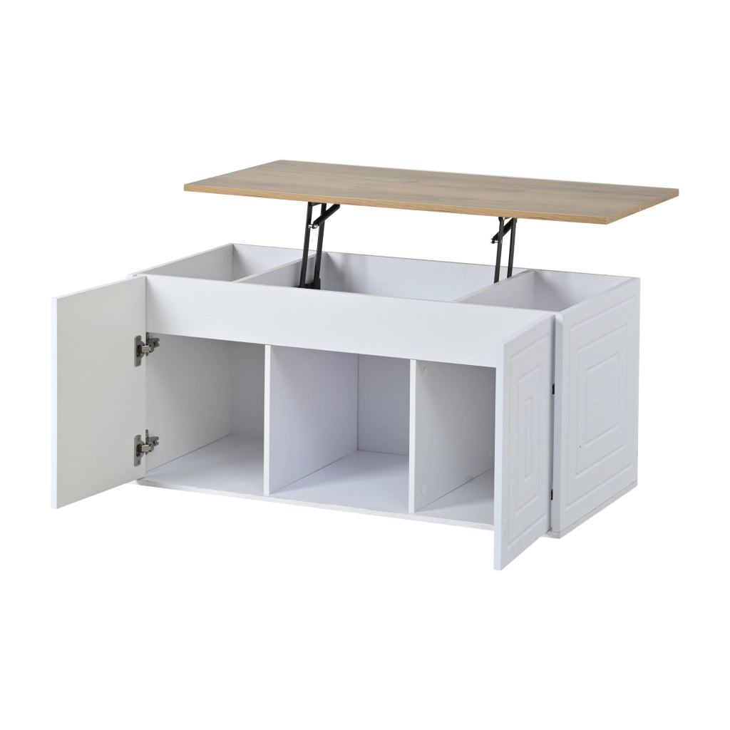 Tavolino basso sollevabile con 2 ante e 6 vani, per soggiorno, in pannello truciolare, bianco e naturale 46 × 95 × 45 cm