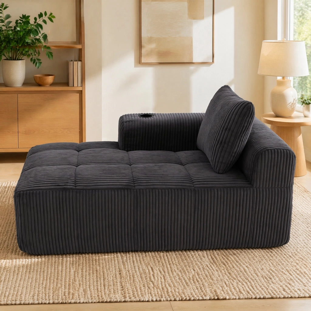 DIVANO compatto 158x93x61 cm in corduroy grigio scuro con tasche laterali e portabicchieri