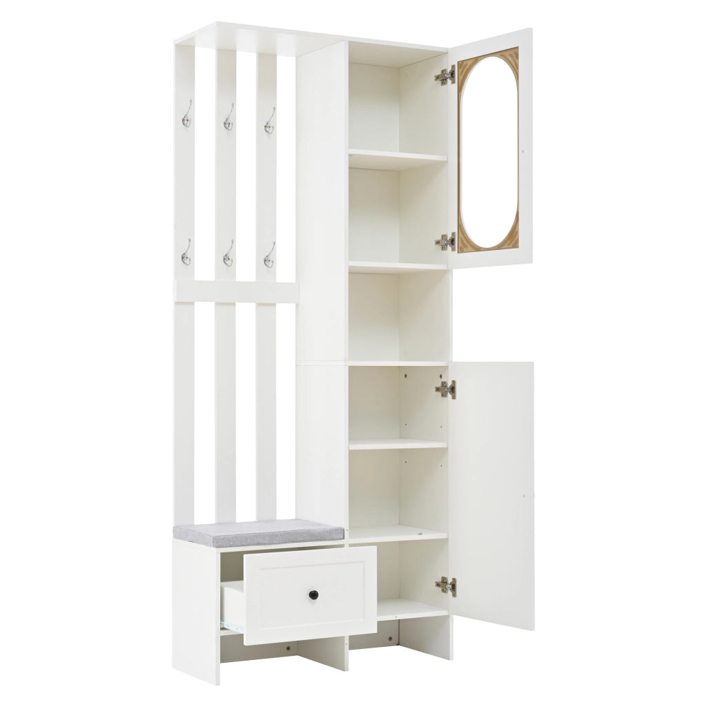 Mobile ingresso con 2 Armadi; 6 Ganci; Panca Portascarpe con Cuscino; Ante in Vetro Temperato; Bianco; 85??33;5??200 cm
