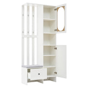 Mobile ingresso con 2 Armadi; 6 Ganci; Panca Portascarpe con Cuscino; Ante in Vetro Temperato; Bianco; 85??33;5??200 cm