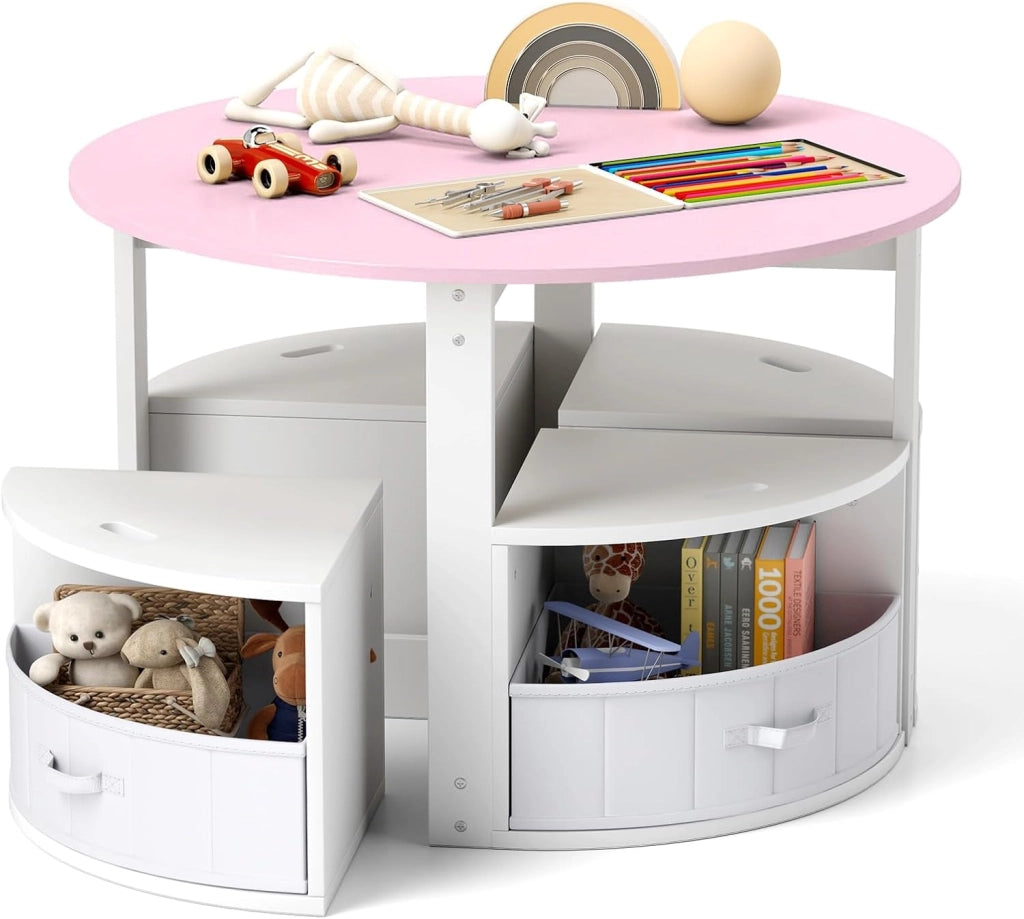 Set Tavolo e Sedie per Bambini a 5 Pezzi, Tavolino Rotondo Salvaspazio con 4 Sgabelli, Ripiano e 4 Cassetti in Tessuto, Set Mobili per Cameretta, Asilo e Disegnare (Rosa)