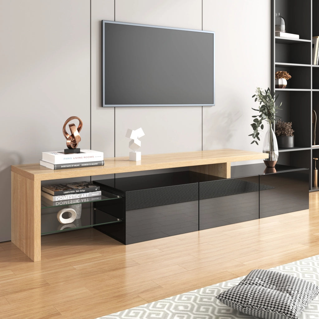 Cassettiera per TV Nero Naturale in MDF e vetro; lunghezza 197;5 cm