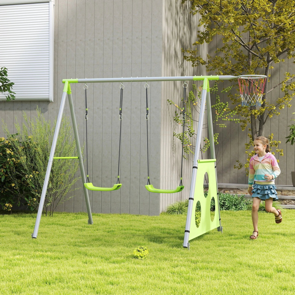 Gioco per Bambini 3 in 1 con Altalena da Giardino, Canestro e Porta da Calcio, 238x180x182 cm,, Verde e Grigio