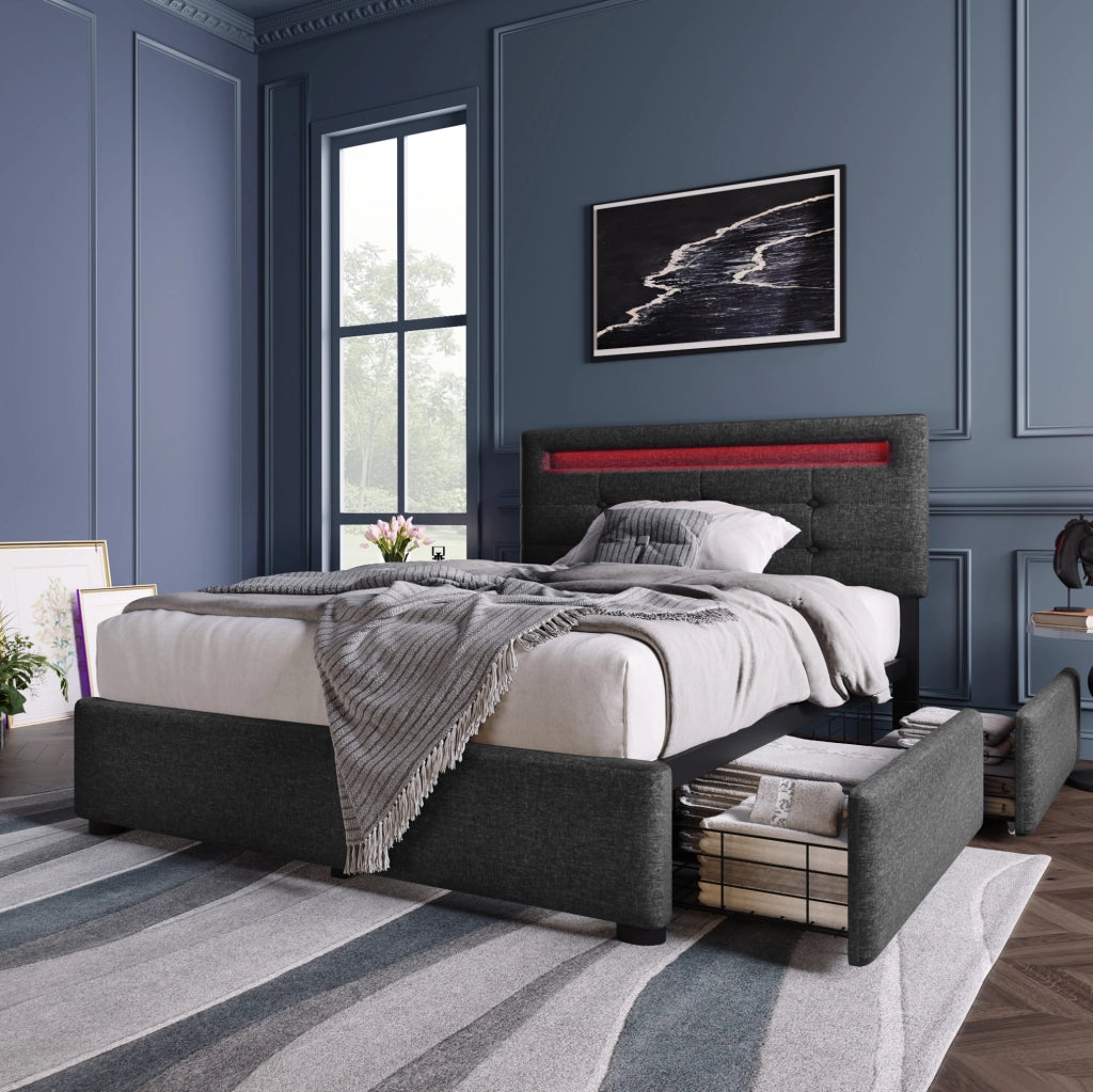 Letto singolo imbottito grigio 90x200 con LED, 2 cassetti e materasso H3