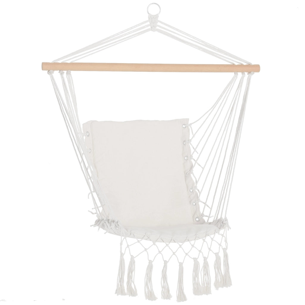Sedia Sospesa a Dondolo da Interno ed Esterno in Tessuto con Nappe, 90x50 cm, Crema