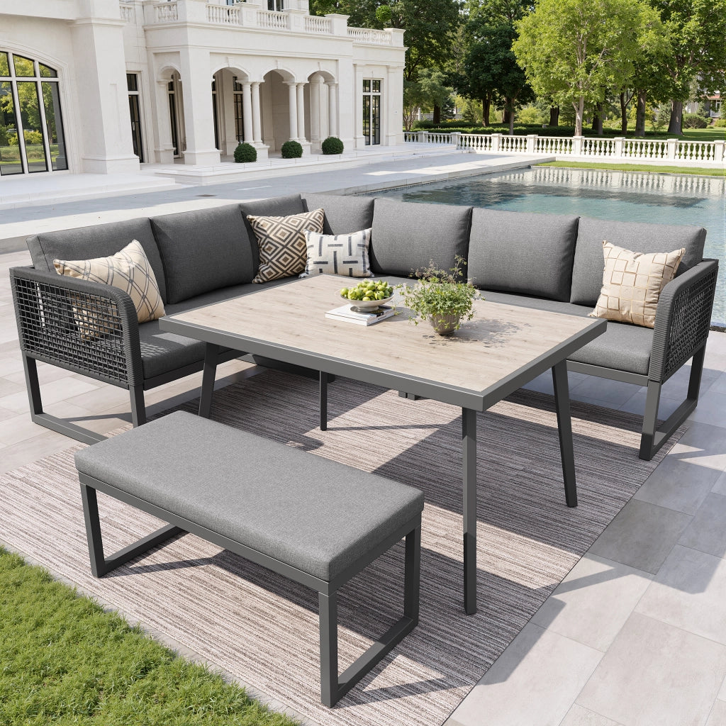 OKWISH Set da giardino da 5 pezzi con 3 divani a 2 posti, 1 panca e 1 tavolo, in rattan PE, Grigio