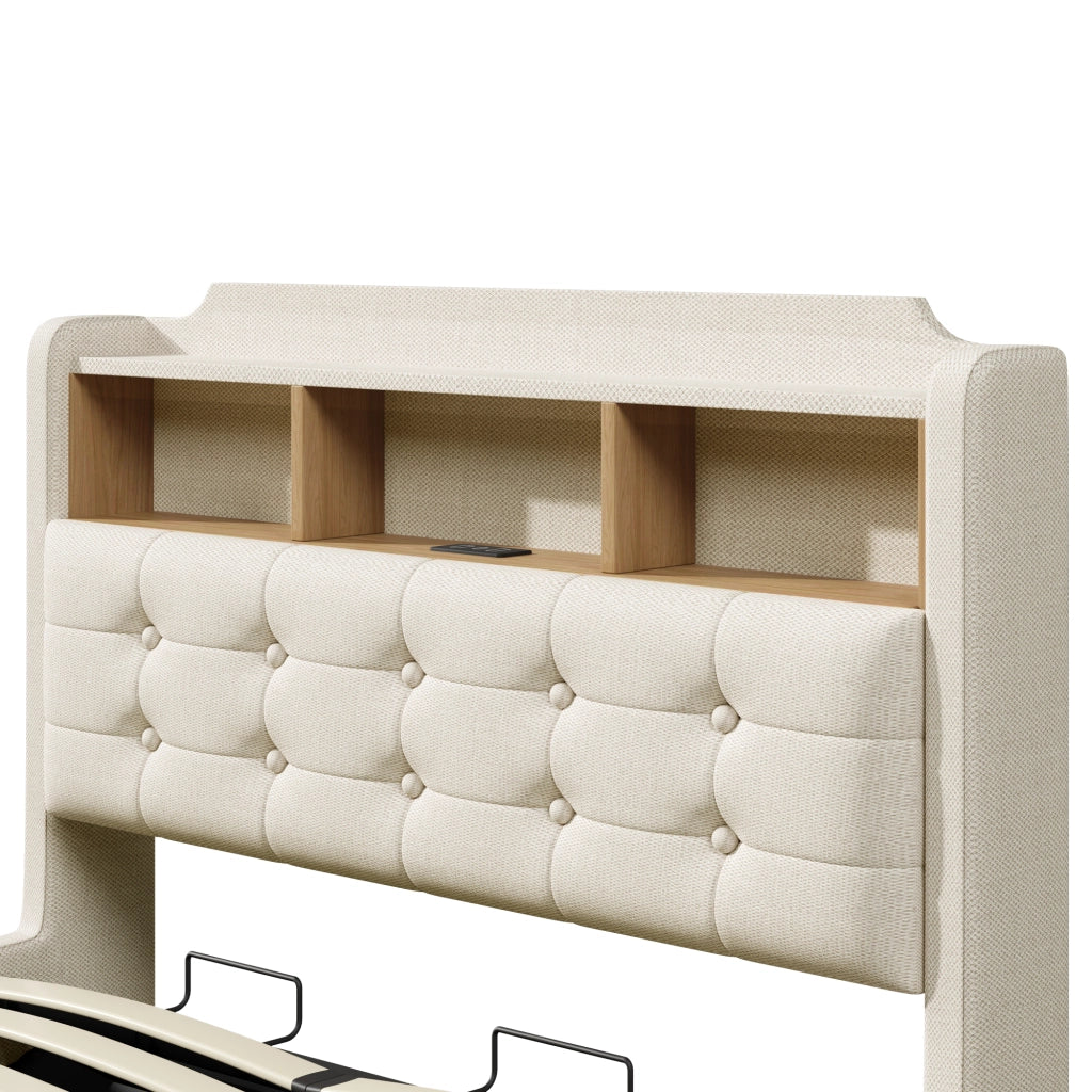 OKWISH Letto Contenitore 140×200 cm, Letto Matrimoniale con LED Regolabile, USB, Tipo C e Vano Idraulico, senza Materasso, in Lino Beige