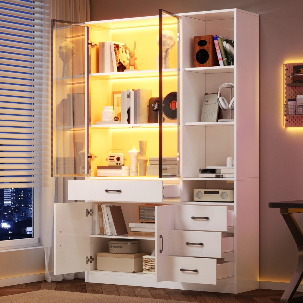 Libreria vetrina con 2 porte in vetro; 4 cassetti; 13 spazi di contenimento; LED; per soggiorno; 120 × 35 × 200 cm