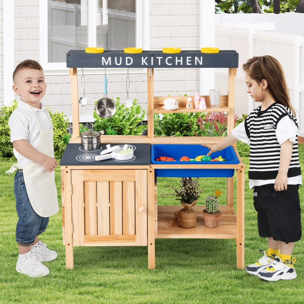 Cucina da esterno per bambini da 3 a 8 anni 2 ripiani di stoccaggio, Cucina giocattolo in legno con lavello removibile Naturale-Cucine giocattoli