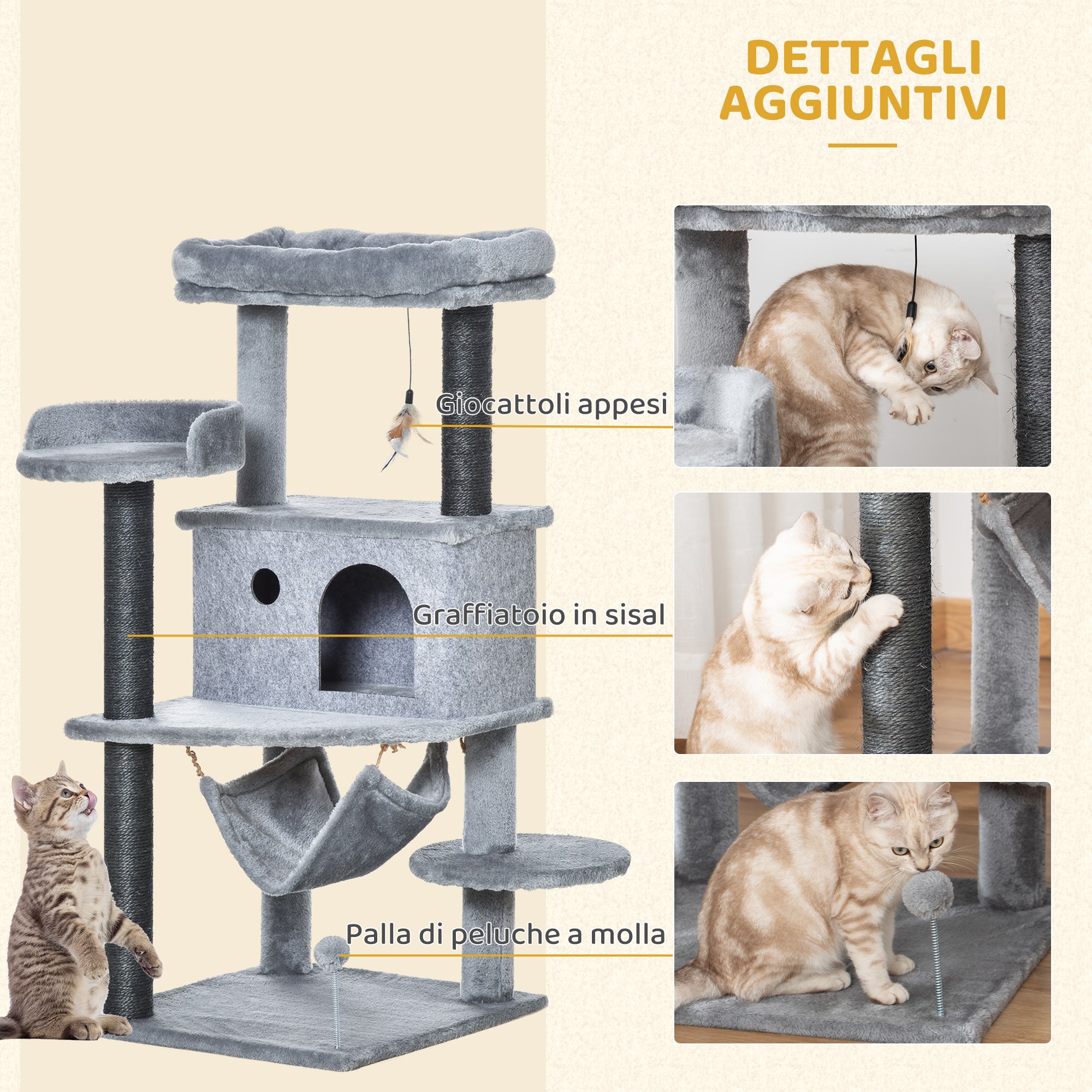 Albero Tiragraffi per Gatti con Palo Casetta Letto Amaca e 2 Giochi in Legno e Peluche Grigio