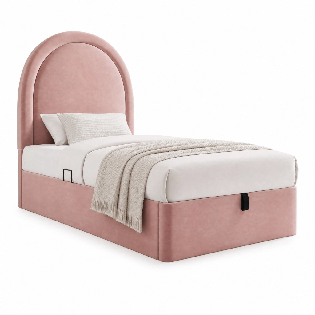 Letto imbottito singolo 90x190 cm in velluto rosa con contenitore idraulico e testiera semicircolare