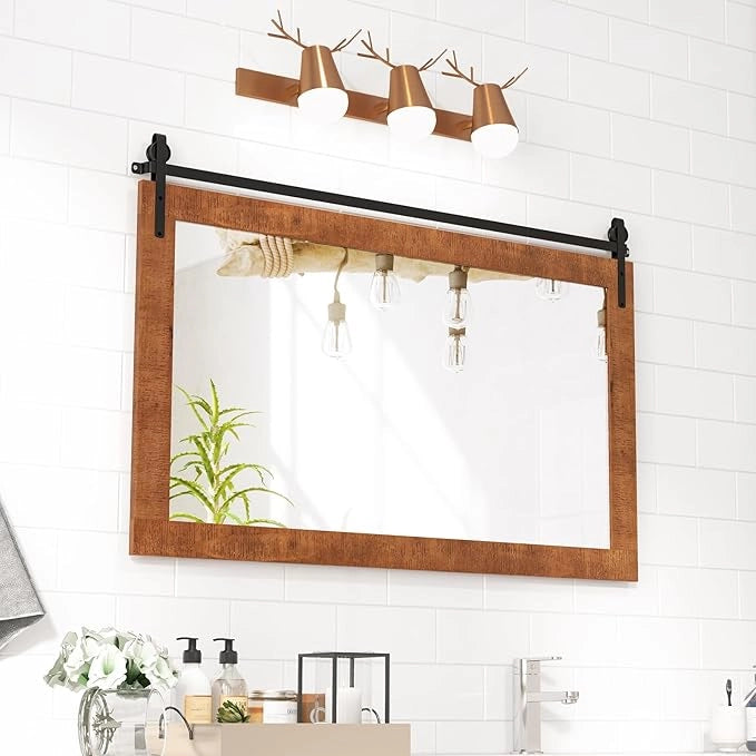 Specchio da Parete 100 x 66 cm, Specchio Rettangolare con Cornice in Legno Massiccio e Staffa in Metallo, Decorazione da Parete per Soggiorno Ingresso Bagno, Marrone (Marrone)