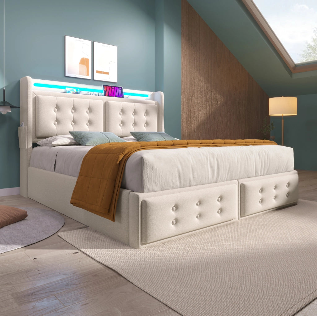 Letto matrimoniale 180x200 cm con contenitore; LED e USB C; tessuto cotone e lino beige