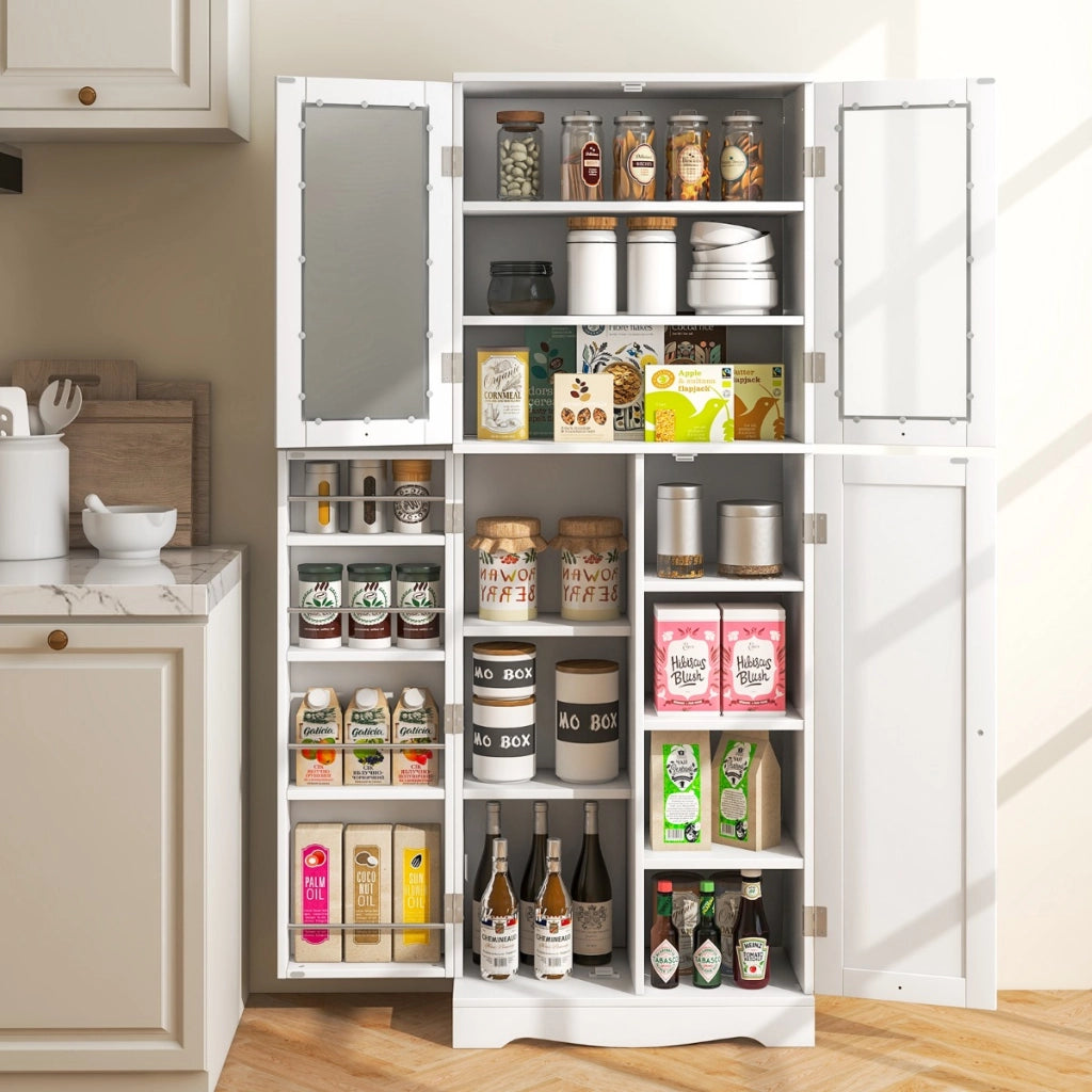 Mobile dispensa da cucina alto 161,5cm con ante in vetro ripiani di stoccaggio, Armadio dispensa per alimenti Bianco-Credenze buffet