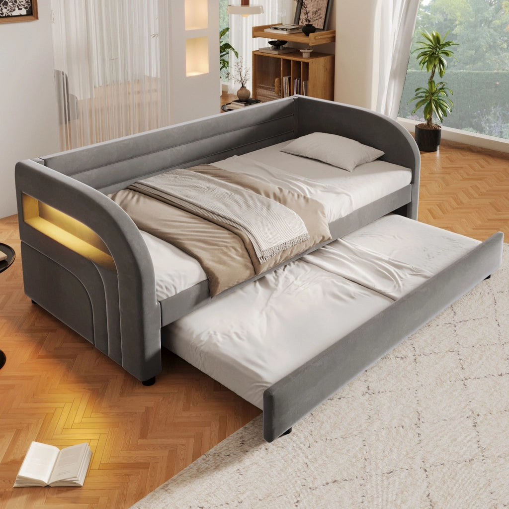 Letto imbottito ULEVR 90x200 cm con letto estraibile e illuminazione LED multicolore, grigio