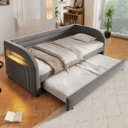 Letto imbottito ULEVR 90x200 cm con letto estraibile e illuminazione LED multicolore, grigio