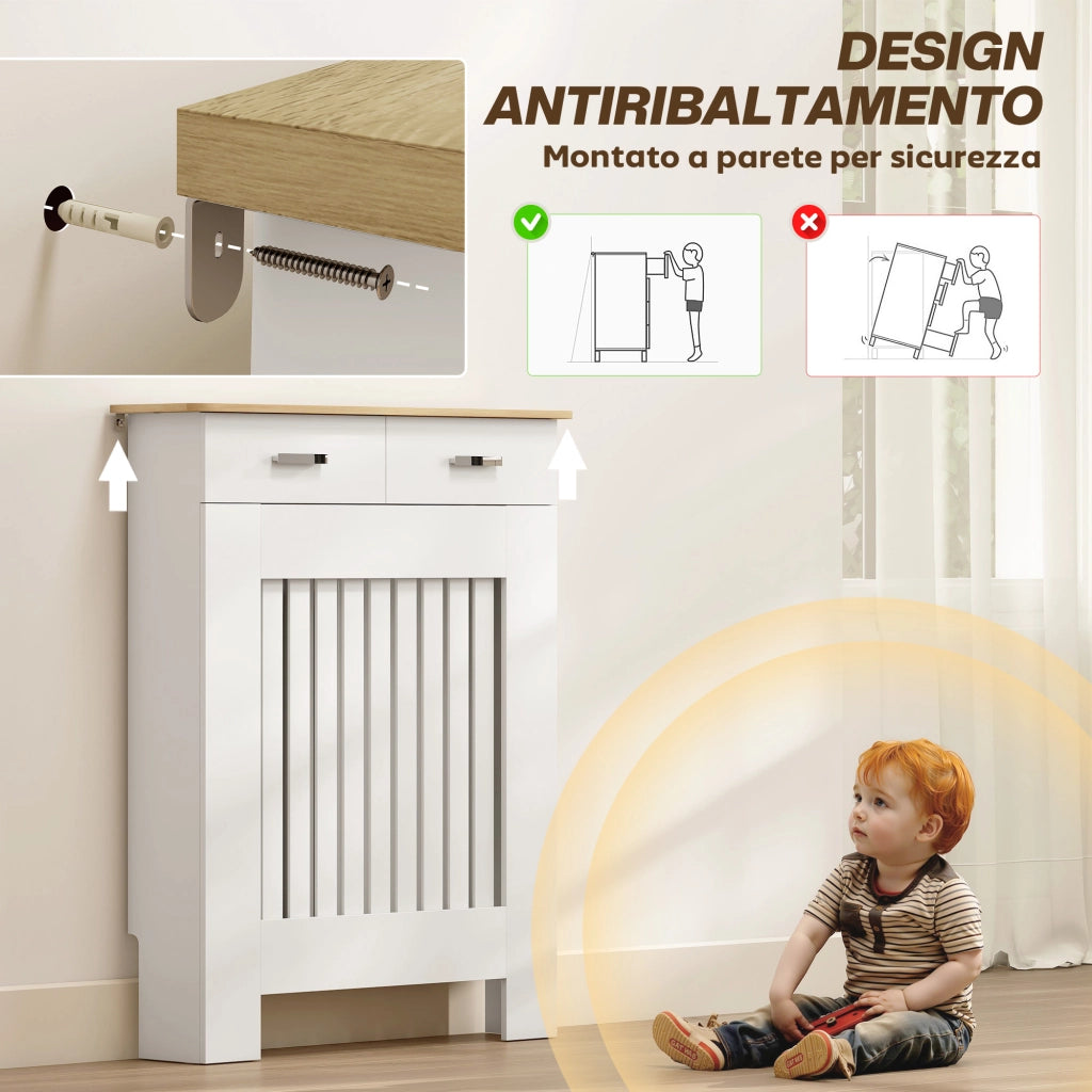 Copritermosifone a Doghe Antiribaltamento con Cassetto, in Legno, 78x19x97 cm, Bianco