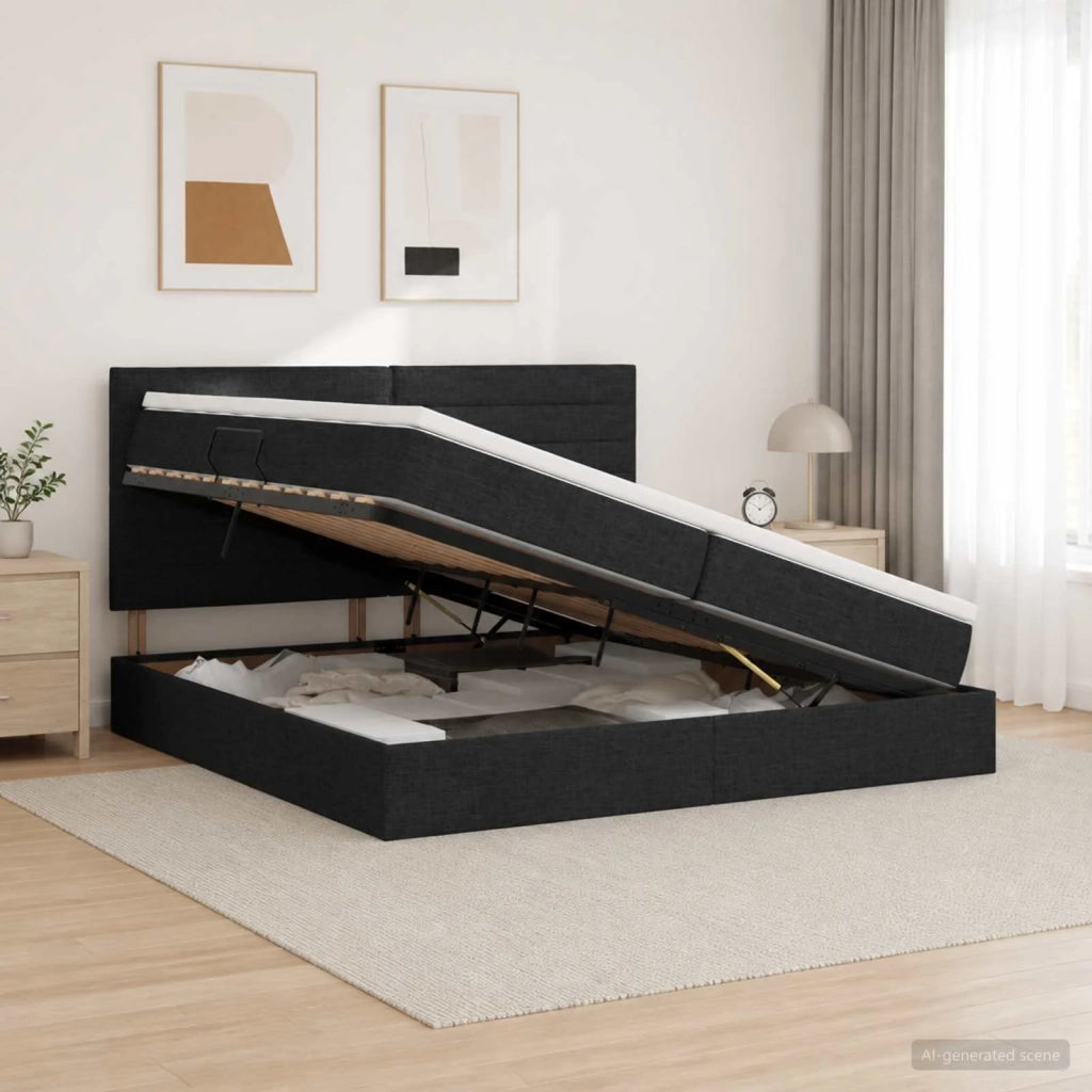 Letto con contenitore e materasso Nero 200 x 200 cm Tessuto 3459464