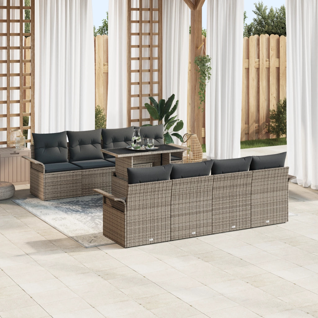 Set Divano da Giardino 9 Pezzi con Cuscini Rattan Polipro Grigio