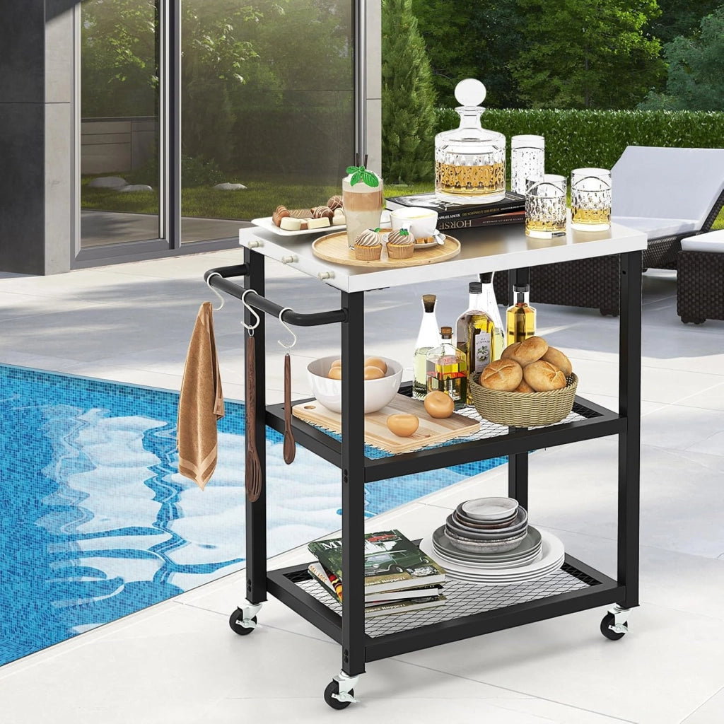 Carrello Grill da Esterno a 2/3 Piani, Supporto per Forno per con Piano e Maniglia in Acciaio Inossidabile, Carrello per Barbecue con Ganci e Ruote, Multiuso(3 Livelli)
