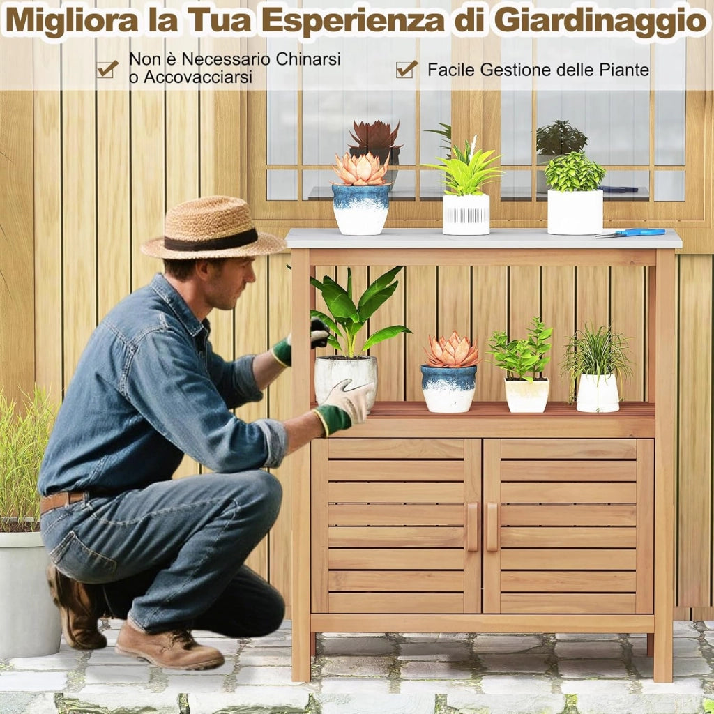 Armadio da Esterno Impermeabile in Legno di Acacia, Mobile Esterno Balcone con Piano di Lavoro in Resina, 2 Ante Persiana e Ripiano Aperto, per Piante e Attrezzi, Naturale, 80 x 40 x 90,5 cm