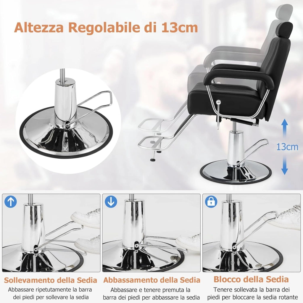 Poltrona da Parrucchiere, con Poggiatesta Regolabile e Schienale Reclinabile, Poltrona da Barbiere con Altezza Regolabile, Girevole a 360°, per Saloni di Bellezza, Parrucchiere