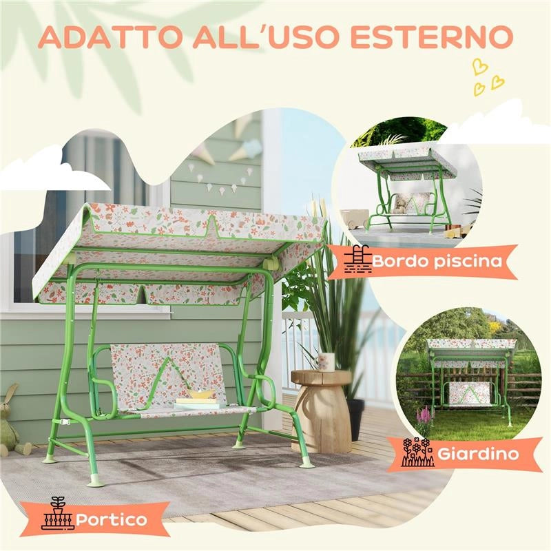 DONDOLO PER BAMBINI DA ESTERNO A 2 POSTI CON TETTUCCIO REGOLABILE E CINTURE DI SICUREZZA 112X75X120 CM VERDE