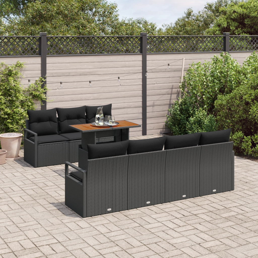 Set di 8 Pezzi Divano da Giardino con Cuscini Rattan Poli Nera Acacia