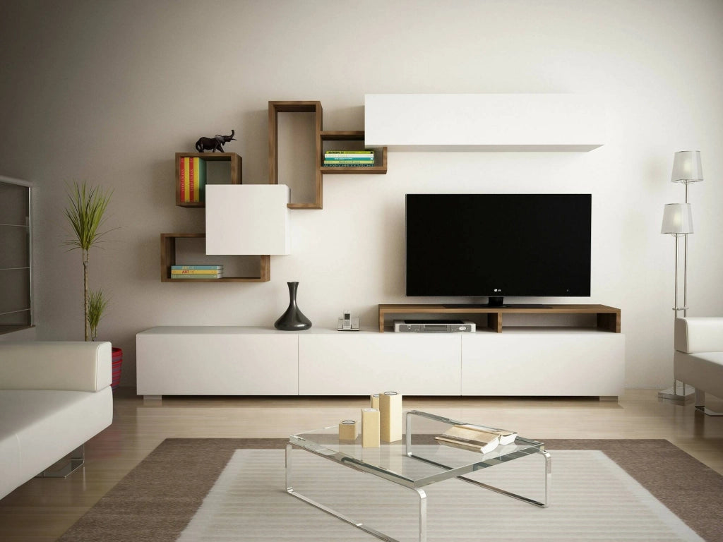 Parete attrezzata Acquifero, Composizione soggiorno, Mobile salotto multiuso, Armadio porta TV, 210x37h47 cm, Bianco e Noce
